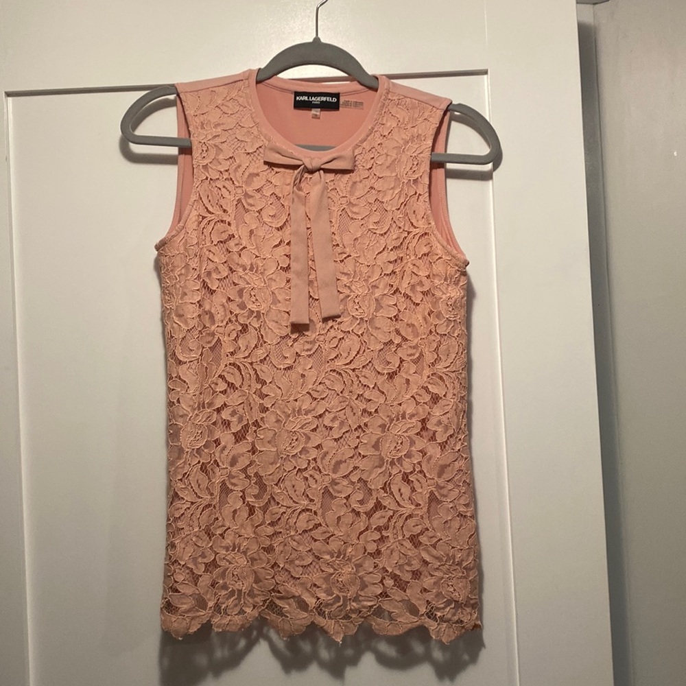 Beautiful Karl Lagerfeld light pink lace front with bow at neck sleeveless top.